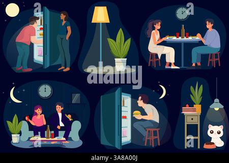 Vektorsatz von nächtlichen Essensillustrationen im EPS-Format. Menschen genießen in verschiedenen Szenarien Snacks bis spät in die Nacht. Ideal für lebensmittelbezogene Designs, Lifest Stock Vektor