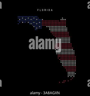 Florida US-Bundesstaat Punkt-Pixelkarte in den Farben der amerikanischen Flagge. Illustration des flachen Vektors auf schwarzem Hintergrund isoliert. Stock Vektor