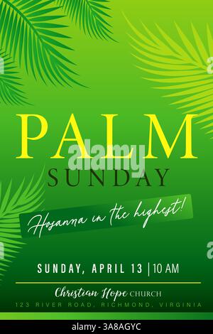 Palmensonntag, Hosanna in der höchsten - Kirche Webbanner Vorlage. Kreatives Poster mit Palmenzweigen und Text für den Gottesdienst in der Karwoche. Vektor Stock Vektor