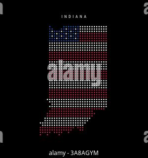 Indiana US-Bundesstaat Punkt-Pixelkarte in den Farben der amerikanischen Flagge. Illustration des flachen Vektors auf schwarzem Hintergrund isoliert. Stock Vektor