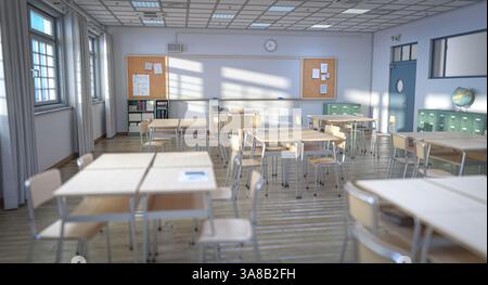 Leeres Klassenzimmer mit Sonnenlicht, das durch Fenster scheint 3D Hintergrund Stockfoto