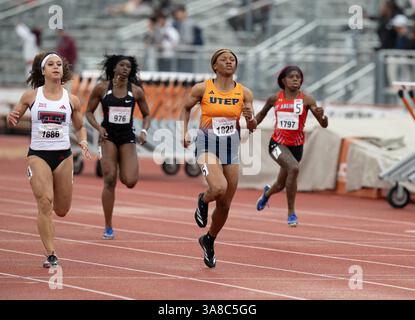 Austin, USA. März 2025. Die Läuferin REJOOICE SULE (1820) an der University of Texas-El Paso führt ihre 100-Meter-Strecke der Frauen an den 97. Clyde Littlefield Texas Relays an. Quelle: Bob Daemmrich/Alamy Live News Stockfoto