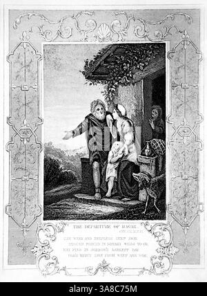 Stahlgravur von Abraham, der Hagar und seinen Sohn Ishmael aufgibt, während seine Frau Sarah und sein Sohn Isaac Alexander Fletcher um 1860 betrachten Stockfoto