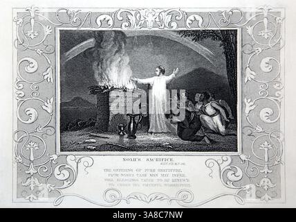 Und Noah baute dem Herrn ein Alter und nahm jedes saubere Tier und jedes saubere Geflügel ab und opferte Brandopfer Stockfoto