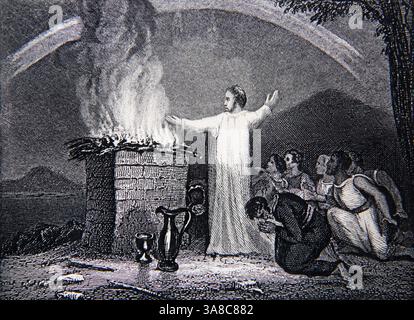 Und Noah baute dem Herrn ein Alter und nahm jedes saubere Tier und jedes saubere Geflügel ab und opferte Brandopfer Stockfoto