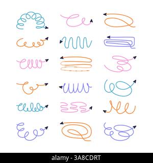 Buntes Set handgezeichneter Kreiselspulen und welliger Doodle-Pfeile. Gegrillte Pfeilsymbole für Infografiken. Freihandskizzen dünner Feder Stock Vektor