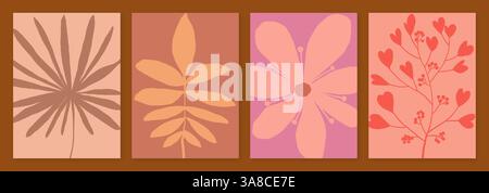 Poster Mit Minimalistischem Blumenmuster. Zarte Blätter- und Blumensilhouetten in warmen Erdtönen. Perfekt für moderne Wandkunst, Branding, Schreibwaren und digitale Medien Stock Vektor