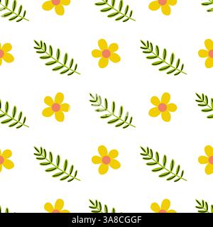 Farbenfrohes Muster mit gelben Blumen und grünen Blättern auf weißem Hintergrund Stock Vektor