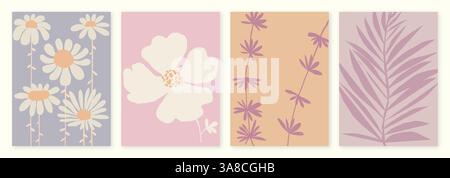 Set aus modernen Karten mit botanischen Blättern und Blumensilhouetten im zeitgenössischen Stil. Poster mit weichen Pastellfarben. Abbildungen mit Stock Vektor