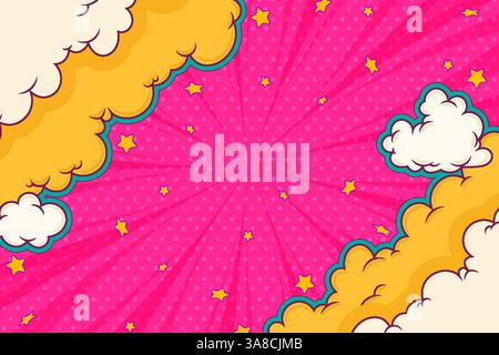 Comic Book Frame mit Retro Pop Art Wolken auf rosa Hintergrund. Lebendiges Zeichentrickdesign mit einem leeren Platz für Text oder Nachrichten. Fettgedruckte gelbe und Stock Vektor