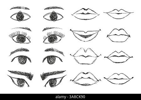 Set von Augen und Mündern mit Lippen mit chaotischen Linien isoliert auf weißem Hintergrund. Handgezeichnete Scribble-Formen Stock Vektor
