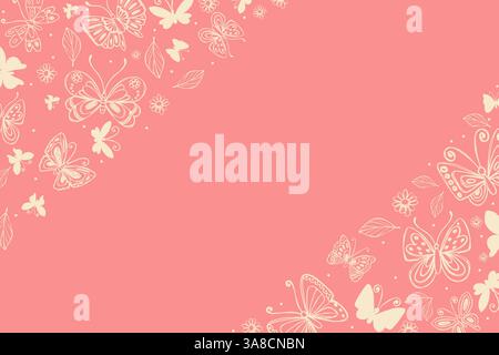 Hand gezeichneter Schmetterlingsrahmen isoliert auf rosafarbenem Hintergrund. Silhouetten mit Schmetterlingsdesign. Kritzelinsekten und Kamillenblüten. Elegantes botanisches Design perfekt Stock Vektor