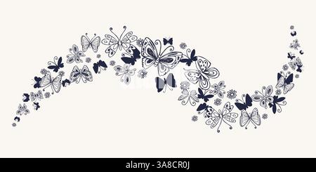 Schwarze Retro Wave mit handgezeichneten Schmetterlingen und süßen kleinen Blumen. Silhouetten mit Schmetterlingsdesign. Kritzelinsekten und Kamillenblüten. Elegantes botanisches Design Stock Vektor