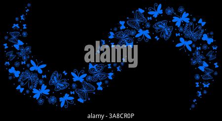 Blaue Welle mit Hand gezeichneten Schmetterlingen isoliert auf schwarzem Hintergrund. Silhouetten mit Schmetterlingsdesign. Kritzelinsekten und Kamillenblüten. Elegantes botanisches Design Stock Vektor