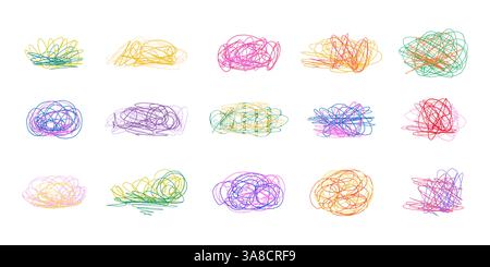 Handgezeichnete bunte Scribble-expressive chaotische Linien und abstrakte Loops auf weißem Hintergrund. Abstrakte, verwickelte Formen in leuchtenden Neon- und Pastelltönen Stock Vektor