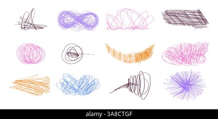 Schraffur Mit Handgezeichneter Scribble-Linie. Buntes Set aus Chaos Doodle Pinsellinien mit geometrischen Formen und subtiler Textur. Freihändig chaotisch und verrückt Stock Vektor