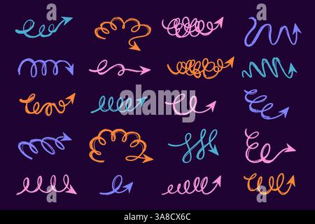 Retro-Kollektion mit handgezeichneten Kreiselspulen und welligen Doodle-Pfeilen. Gegrillte Pfeilsymbole für Infografiken. Freihandskizzen dünner Feder Stock Vektor
