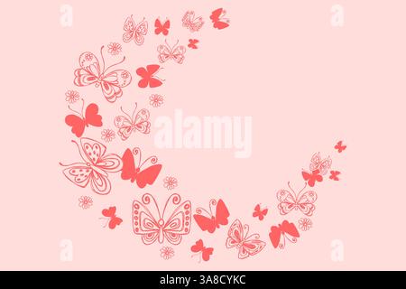 Eine Schar handgezeichneter rosafarbener Schmetterlinge fliegend. Silhouetten mit Schmetterlingswelle. Kritzelinsekten und Kamillenblüten. Elegantes botanisches Design, perfekt für Stock Vektor