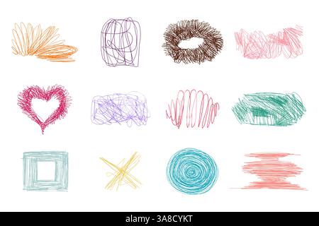Farbenfrohe Handgezeichnete Schraffur Mit Scribble-Linien. Sammlung von Chaos Doodle Pinsellinien mit geometrischen Formen und subtiler Textur. Freihändig chaotisch und verrückt Stock Vektor