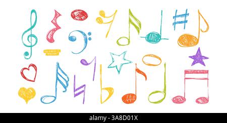 Farbenfrohe Musical Notes, handgezeichnet mit Buntstift und Buntstiften. Sammlung von Zeichentricksymbolen Stock Vektor