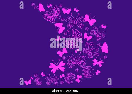 Handgezeichnete Lila Schmetterlinge. Schmetterlingssilhouetten fliegen in einer Welle. Kritzelinsekten und Kamillenblüten. Elegantes botanisches Design, perfekt für Stock Vektor