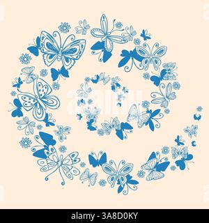 Handgezeichnete blaue Schmetterlinge fliegen in einem Wirbel. Silhouetten mit Schmetterlingsdesign. Kritzelinsekten und Kamillenblüten. Elegantes botanisches Design, perfekt für Stock Vektor