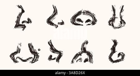 Handgezeichnete Nasen mit sperrigen Linien und Grunge-Textur. Abstrakte und lustige Nasenkollektion isoliert auf weißem Hintergrund Stock Vektor