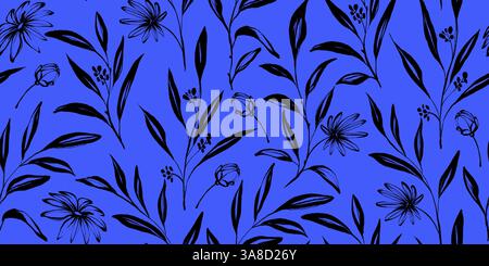 Blaues nahtloses Muster mit handgezeichneter Tinte und Wildblumen. Zeitgenössisches Blumendesign im Retro-Stil mit dezentem Grunge-Effekt perfekt Stock Vektor