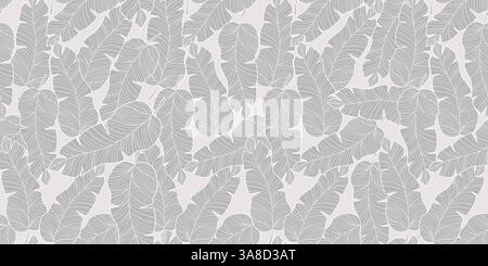 Handgezeichnete Bananenblätter nahtloses Muster im Linienart-Stil auf weichem neutralem Hintergrund. Laubhintergrund mit großen tropischen Blättern in einem modernen Stock Vektor