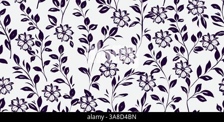 Schwarzes nahtloses Muster mit handgezeichneter Tinte und Wildblumen. Zeitgenössisches Blumendesign im Retro-Stil mit dezentem Grunge-Effekt perfekt Stock Vektor
