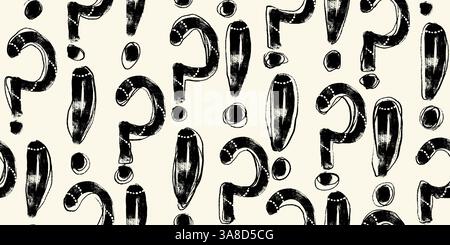 Schwarzes Grunge-Frage- und Ausrufezeichen nahtloses Muster. Handgezeichnete Buntstift-Kritzelzeichen in wiederholbarem Hintergrund Stock Vektor
