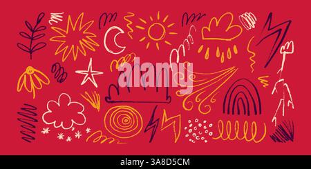 Sammlung von kindlichen und naiven mehrfarbigen Doodles Hand gezeichnet mit Bleistift und Kohle auf rotem Hintergrund. Bunte Kritzeleien mit fröhlichen Vibes und Stock Vektor