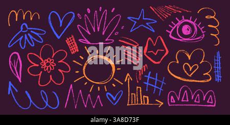 Set aus kindlichen und naiven mehrfarbigen Doodles, handgezeichnet mit Bleistift und Kohle. Bunte Kritzeleien mit fröhlichen Vibes und Grunge-Textur. Banner Stock Vektor