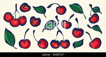 Set handgezogener köstlicher Kirschen. Farbenfrohe abstrakte Kirschfrüchte mit markanter Kontur und Textur. Clipart saftiges Essen im Doodle-Stil Stock Vektor