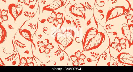 Nahtloses Blumenmuster mit handgezeichneten Tintenkräutern. Zeitgenössisches Blumendesign im Retro-Stil mit dezentem Grunge-Effekt, perfekt für die Moderne Stock Vektor