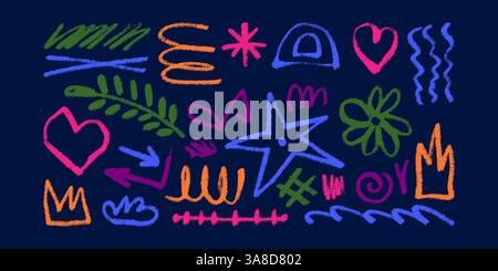 Sammlung kindlicher und naiver bunter Doodles, handgezeichnet mit Bleistift und Kohle. Bunte Kritzeleien mit fröhlichen Vibes und Grunge-Textur Stock Vektor