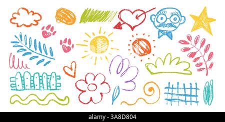 Sammlung lustiger, naiver, mehrfarbiger Doodles, handgezeichnet mit Bleistift und Kohle. Bunte Kritzeleien mit fröhlichen Vibes und Grunge-Textur. Banner Stock Vektor