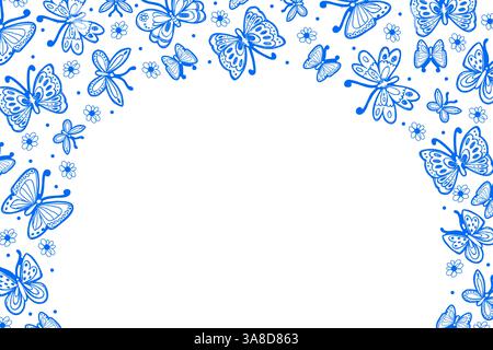 Dekorativer Schmetterlingsrahmen mit blauen und weißen Doodle-Blumen. Elegantes Design mit zarten Schmetterlingen und Blumen in handgezeichnetem Stil, perfekt für Stock Vektor