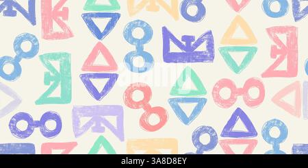 Nahtloses Muster abstrakter geometrischer Formen in weichen Pastelltönen mit einem strukturierten Pinseleffekt. Verspielte und dynamische Kritzeleien auf einem Licht Stock Vektor