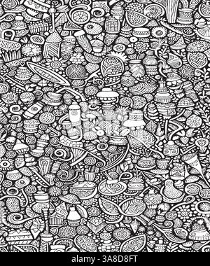 Cartoon niedliche Kritzeleien handgezeichnetes Coffee Shop nahtloses Muster. Strichgrafik detailliert, mit vielen Objekten Hintergrund. Endlose lustige Vektor-Illustration. Stock Vektor