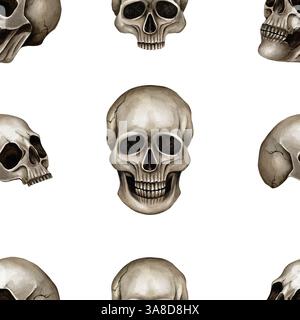 Schädel nahtloses Muster isolierte Aquarellillustration auf weißem Hintergrund. Handgezeichnete Wiederholung für Halloween und Gothic Stil. Für Textilien, Verpackung Stockfoto
