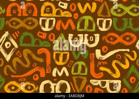 Geometrische Pinselstriche nahtloses Muster mit trendigen Fettformen isoliert auf braunem Hintergrund. Farbenfrohes, dekoratives und minimalistisches handgezeichnetes Design Stock Vektor