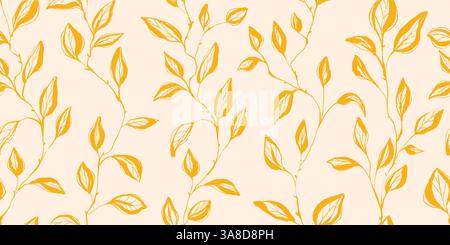 Nahtloses Muster mit goldenem Blumenmuster und handgezeichneten Tintenzweigen. Zeitgenössisches Blumendesign im Retro-Stil mit dezentem Grunge-Effekt perfekt Stock Vektor