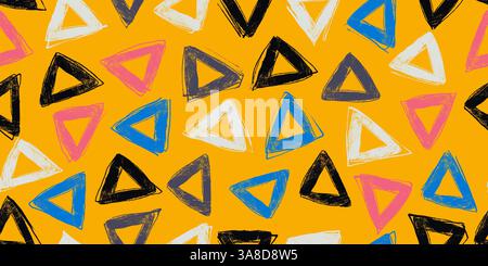 Gelbes nahtloses Muster mit farbenfrohen, leuchtenden Dreiecken. Handgezeichnete einfache geometrische Formen, isoliert auf hellem Hintergrund Stock Vektor