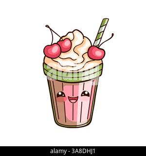 Ein Milchshake im Kawaii-Stil mit einem süßen, lächelnden Gesicht und gestreiftem grünem Stroh. Es wird mit Schlagsahne und mehreren Kirschen belegt. Cartoon-Vektor illustr Stock Vektor