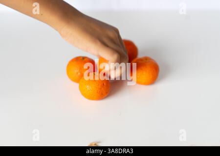 Die Hand eines Kindes greift nach hellen, saftigen Clementinen, die auf einer sauberen, weißen Oberfläche verteilt sind. Die minimalistische Komposition unterstreicht die Frische und Stockfoto