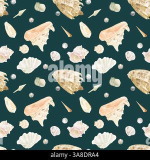 Strombus Muscheln, Cornuta Cassis und glitzernde Perlen aus der Unterwasserwelt des Ozeans. Nahtloses Muster. Digitale Aquarellabbildung. A lo Stockfoto