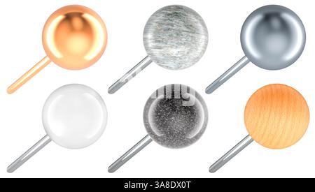 Rundkopf-Druckstifte, verschieden. 3D-Rendering isoliert auf weißem Hintergrund Stockfoto