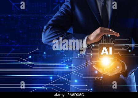 Künstliche Intelligenz. Geschäftsmann mit virtuellem Leiterplattenmuster mit KI-Abkürzung auf dunkelblauem Hintergrund, Nahaufnahme Stockfoto