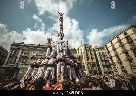 23. September 2017 - Barcelona, Katalonien, Spanien - die Minyons de Terrassa bauen während Barcelonas Stadtferien La Merce eine menschliche Säule. (Kreditbild: © Matthias Oesterle via ZUMA Wire) Stockfoto